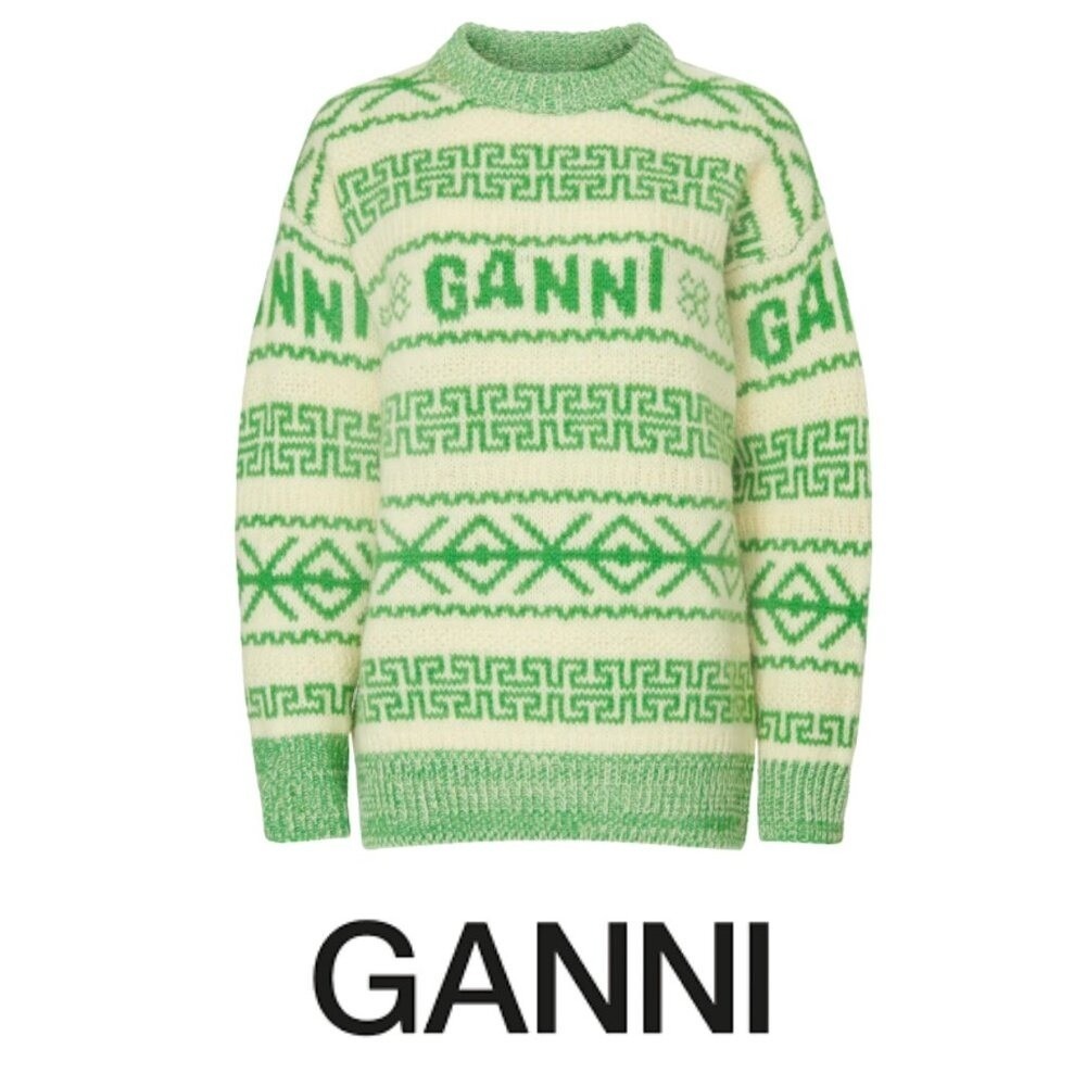 Ganni Cream & Bright Green Patterned Crewneck Sweater